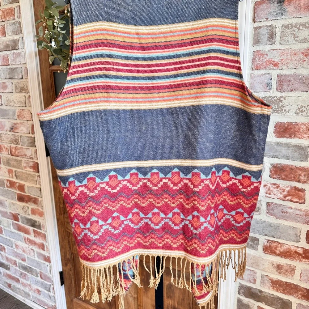 Natural Reflections Open Front Vest Women 2X Blue Southwestern Fringe Aztec Boho
